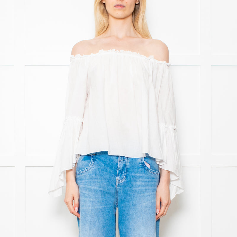 Patrizia Pepe White Cotton Scoop Neck Frill Blouse