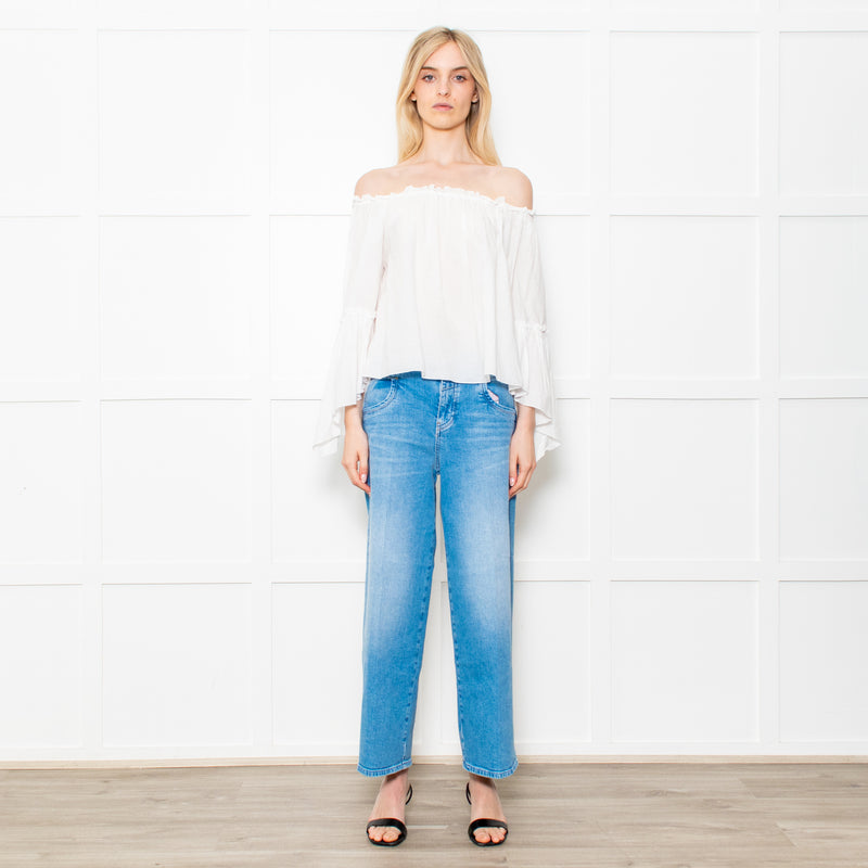 Patrizia Pepe White Cotton Scoop Neck Frill Blouse