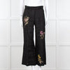 Seventy Venezia Black Linen Embroidered Flower Pattern Wide Leg Trousers