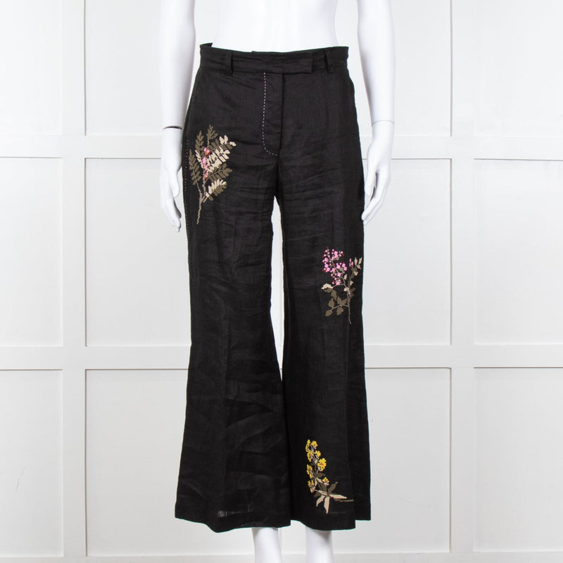 Seventy Venezia Black Linen Embroidered Flower Pattern Wide Leg Trousers