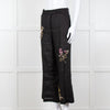 Seventy Venezia Black Linen Embroidered Flower Pattern Wide Leg Trousers
