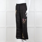 Seventy Venezia Black Linen Embroidered Flower Pattern Wide Leg Trousers