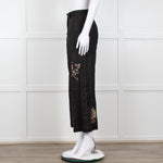 Seventy Venezia Black Linen Embroidered Flower Pattern Wide Leg Trousers