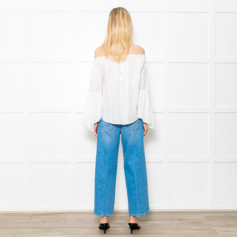 Patrizia Pepe White Cotton Scoop Neck Frill Blouse