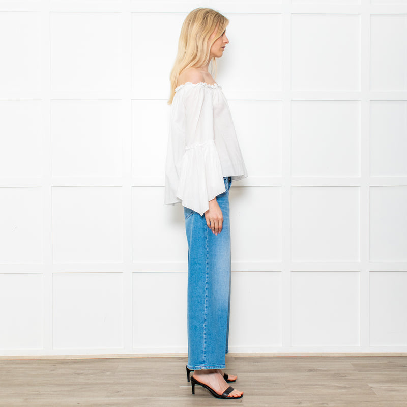 Patrizia Pepe White Cotton Scoop Neck Frill Blouse
