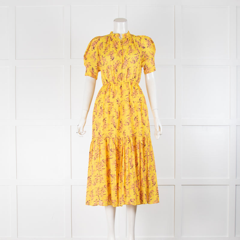 Ulla Johnson Yellow Purple Floral Short Sleeve Peplum Dress