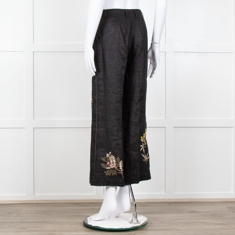 Seventy Venezia Black Linen Embroidered Flower Pattern Wide Leg Trousers