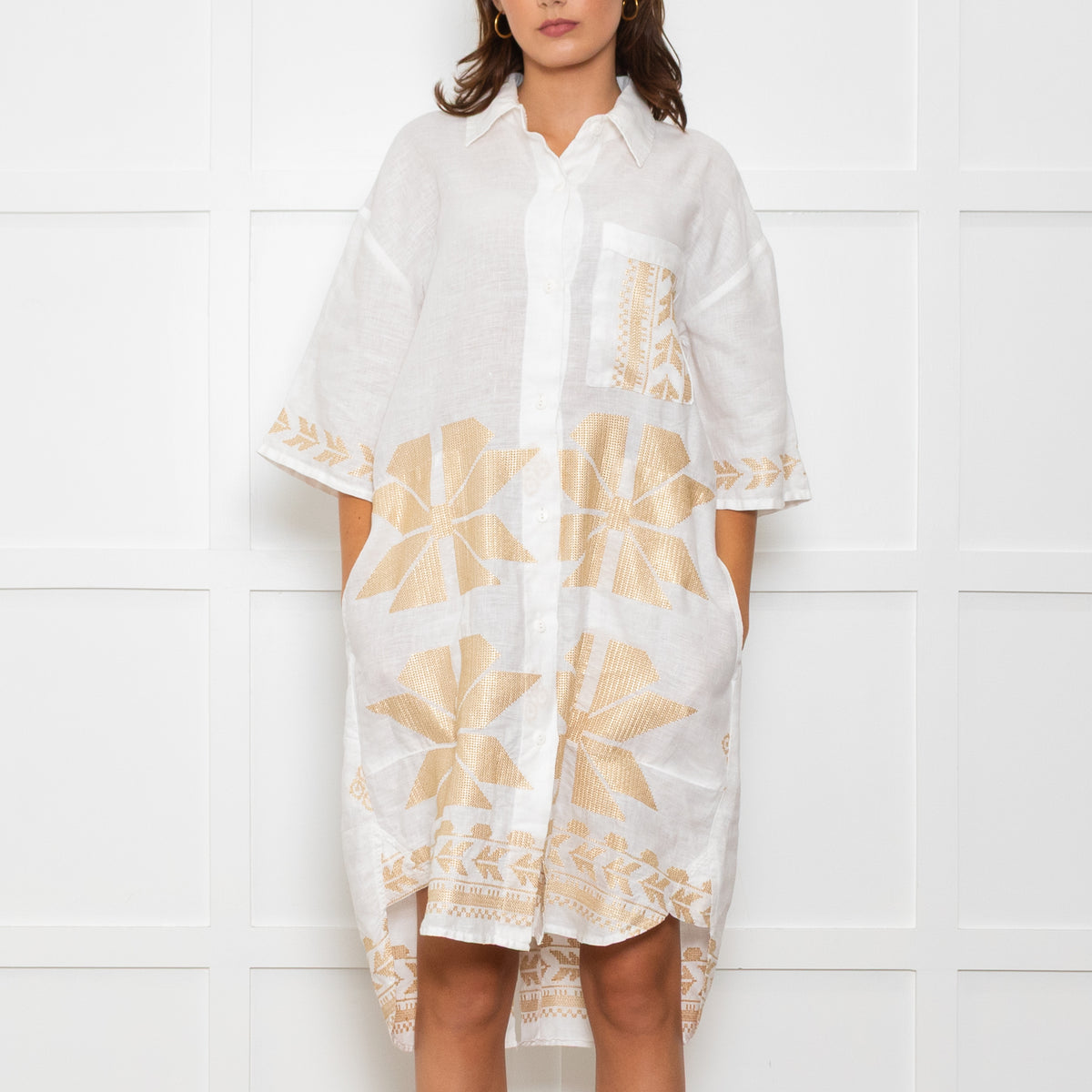 Greek Archaic Kori White Linen Shirt Dress With Gold Tribal Embroidery