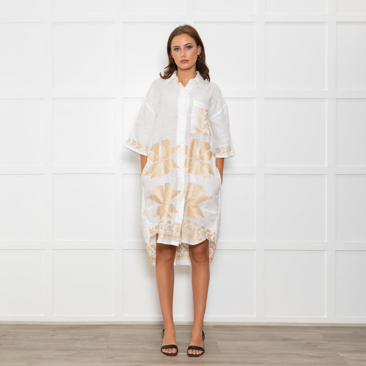 Greek Archaic Kori White Linen Shirt Dress With Gold Tribal Embroidery
