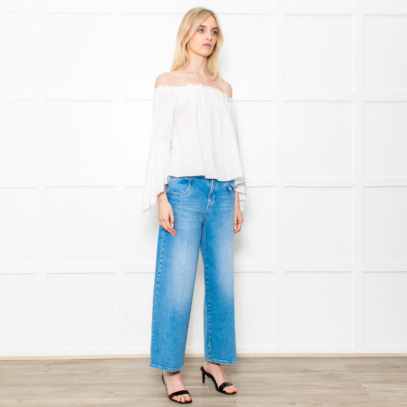 Patrizia Pepe White Cotton Scoop Neck Frill Blouse
