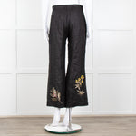 Seventy Venezia Black Linen Embroidered Flower Pattern Wide Leg Trousers