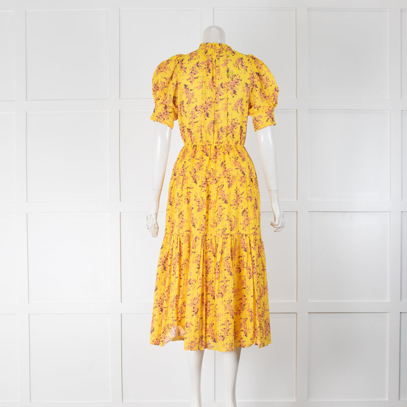 Ulla Johnson Yellow Purple Floral Short Sleeve Peplum Dress