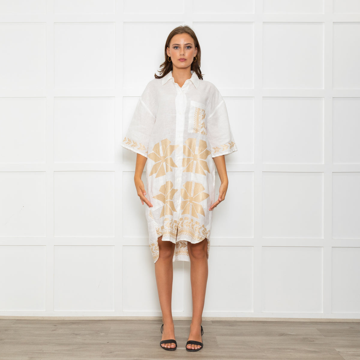 Greek Archaic Kori White Linen Shirt Dress With Gold Tribal Embroidery