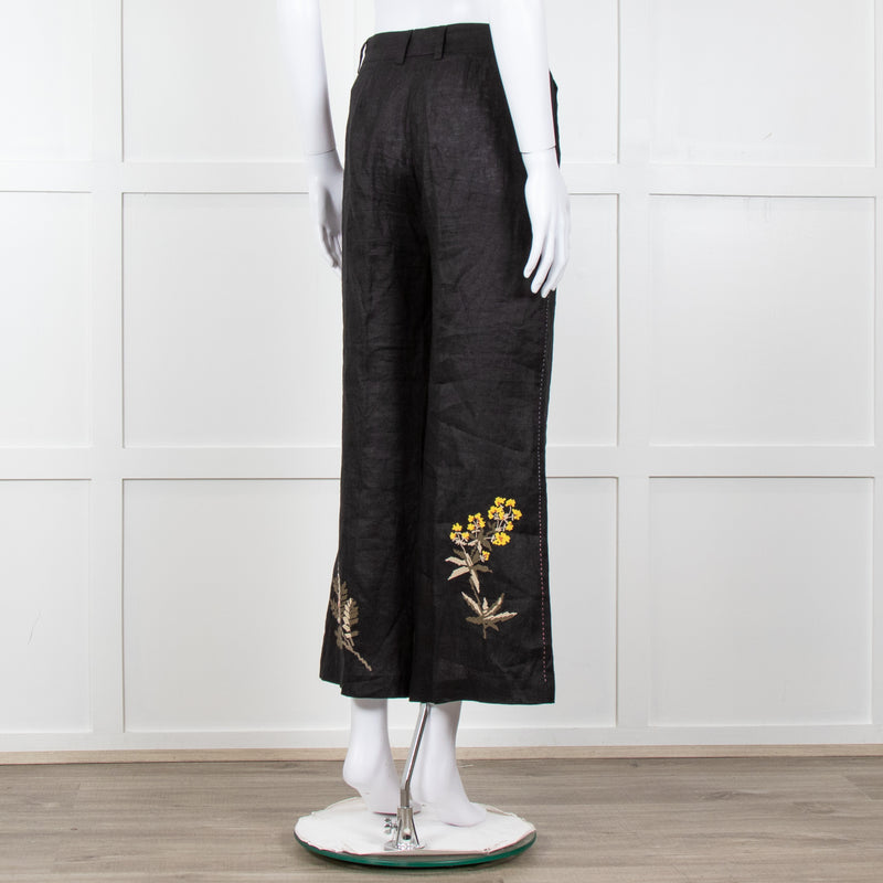 Seventy Venezia Black Linen Embroidered Flower Pattern Wide Leg Trousers