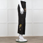 Seventy Venezia Black Linen Embroidered Flower Pattern Wide Leg Trousers