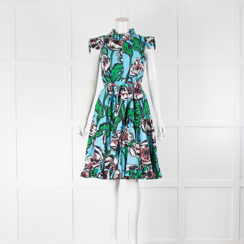 La Double J Pale Blue Green Pink Cotton Floral Sleeveless  Belted Dress