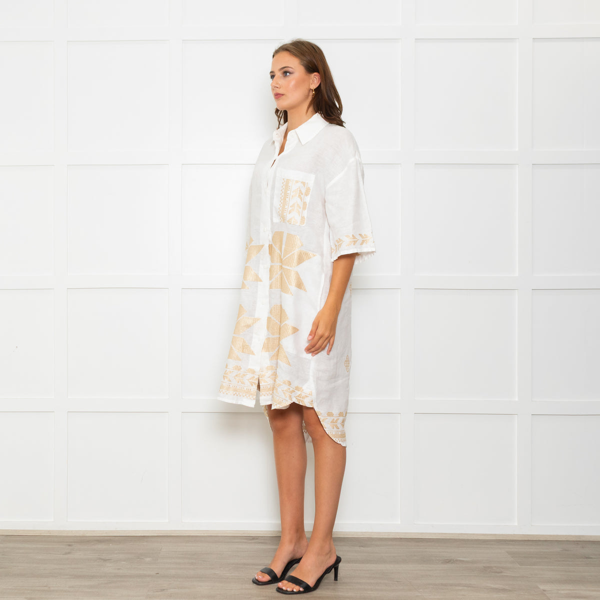 Greek Archaic Kori White Linen Shirt Dress With Gold Tribal Embroidery