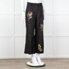 Seventy Venezia Black Linen Embroidered Flower Pattern Wide Leg Trousers