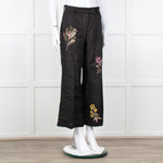 Seventy Venezia Black Linen Embroidered Flower Pattern Wide Leg Trousers