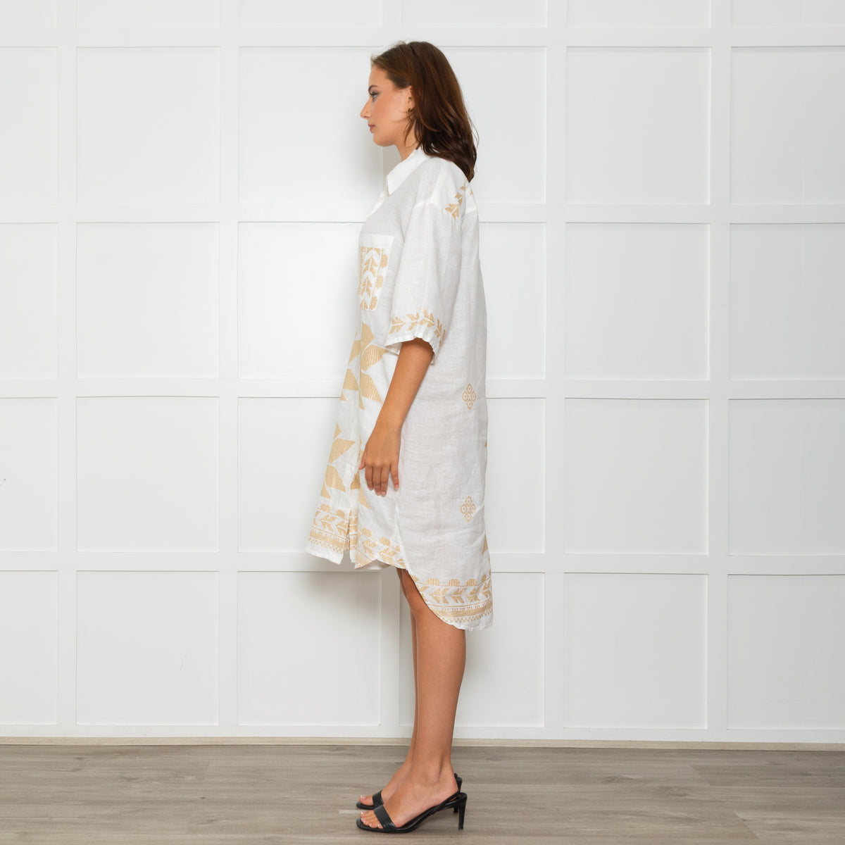 Greek Archaic Kori White Linen Shirt Dress With Gold Tribal Embroidery