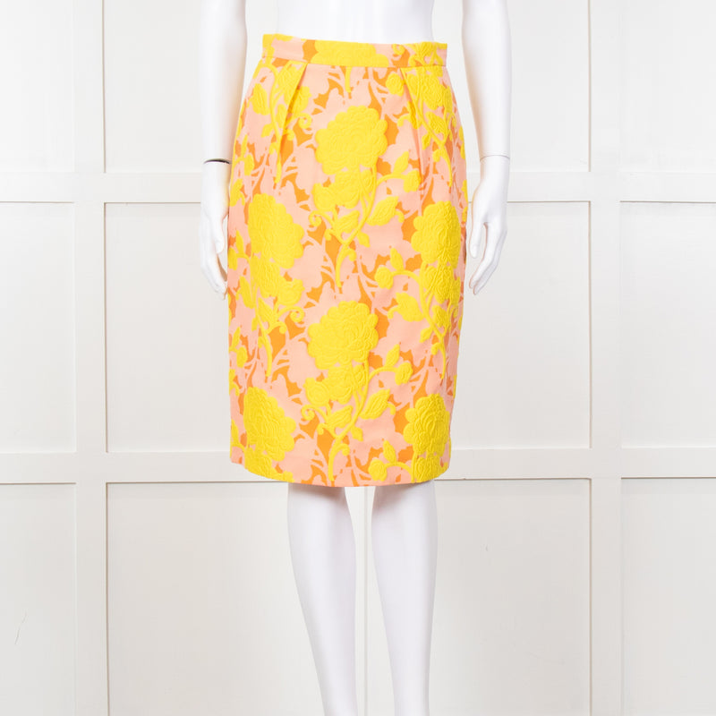 Miu Miu Peach Yellow Floral Brocade Pencil Skirt