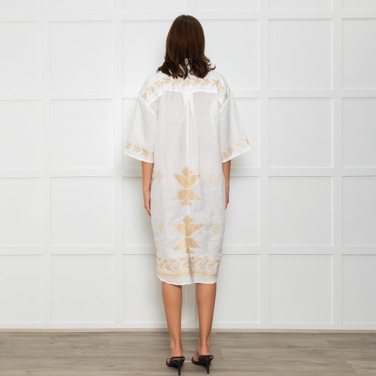 Greek Archaic Kori White Linen Shirt Dress With Gold Tribal Embroidery