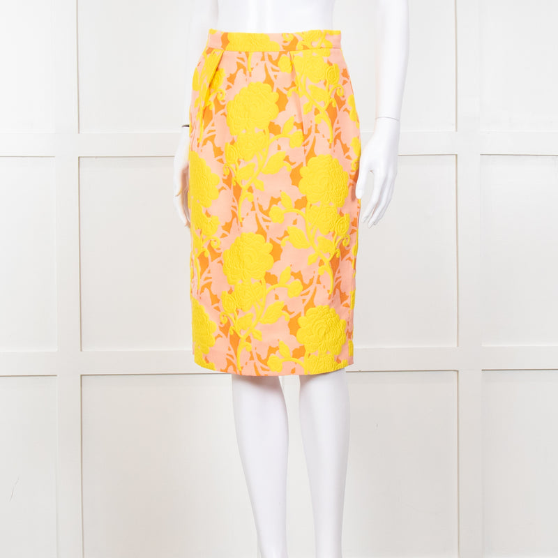Miu Miu Peach Yellow Floral Brocade Pencil Skirt