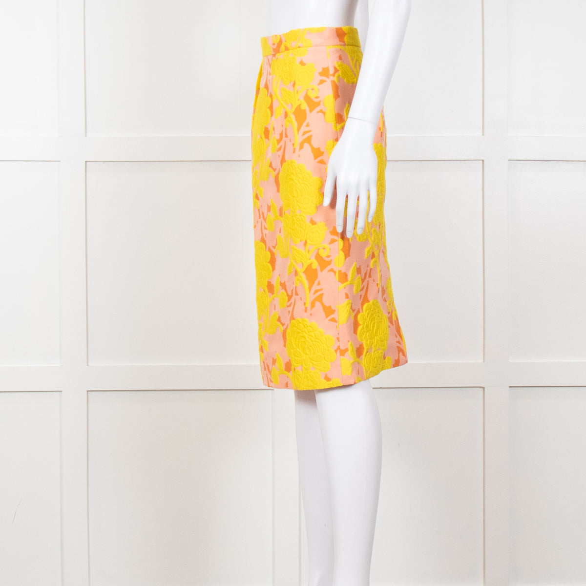 Miu Miu Peach Yellow Floral Brocade Pencil Skirt