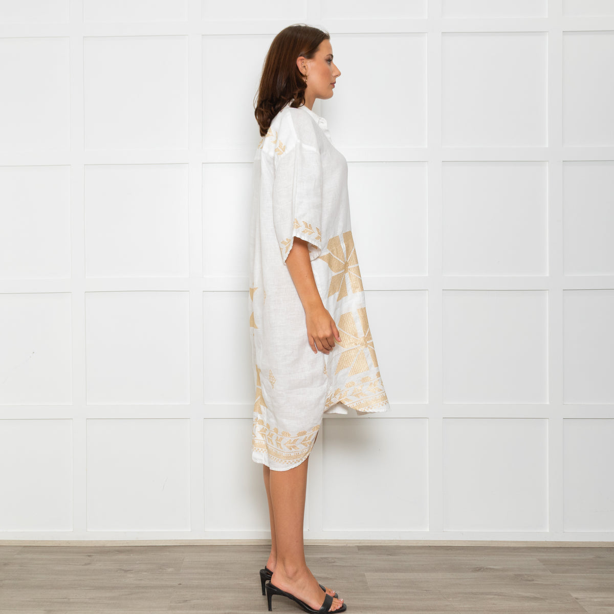 Greek Archaic Kori White Linen Shirt Dress With Gold Tribal Embroidery