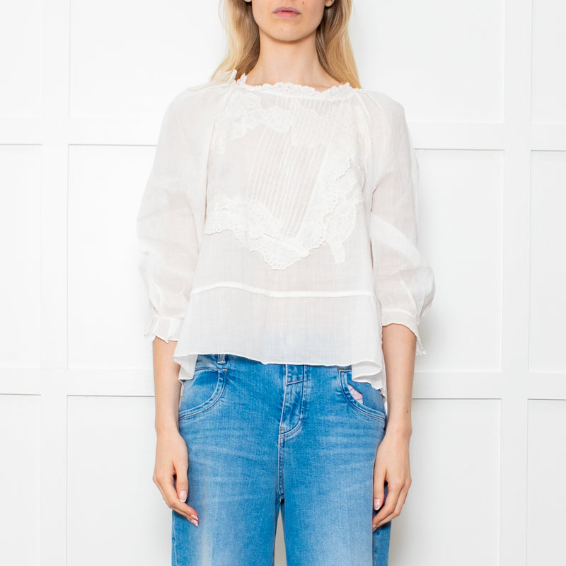 Vanessa Bruno White Linen Applique Lace Blouse