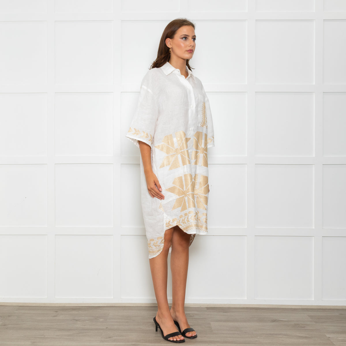 Greek Archaic Kori White Linen Shirt Dress With Gold Tribal Embroidery