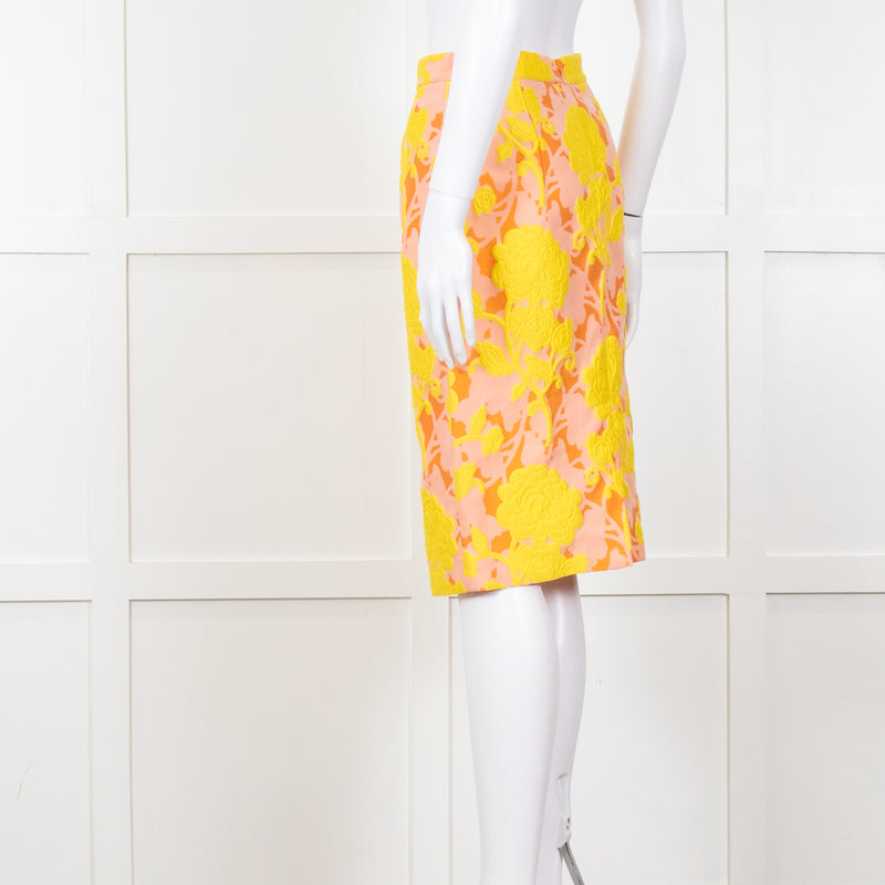 Miu Miu Peach Yellow Floral Brocade Pencil Skirt
