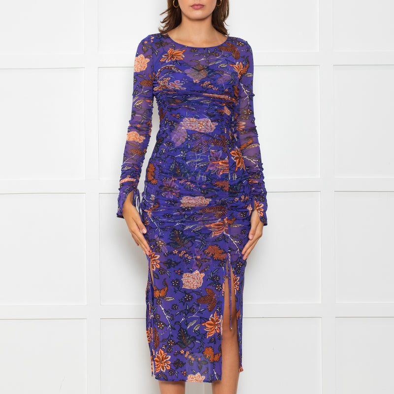 Diane Von Furstenberg  Purple Brown Floral Net Long Sleeve Dresses
