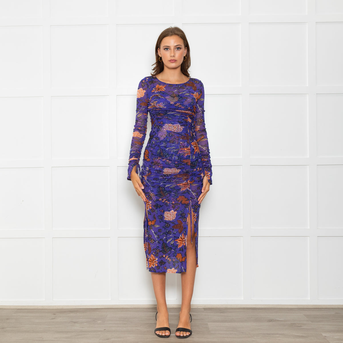 Diane Von Furstenberg  Purple Brown Floral Net Long Sleeve Dresses