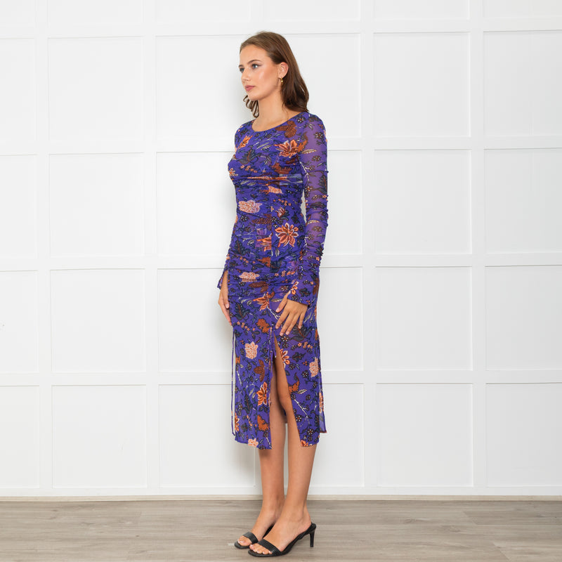 Diane Von Furstenberg  Purple Brown Floral Net Long Sleeve Dresses