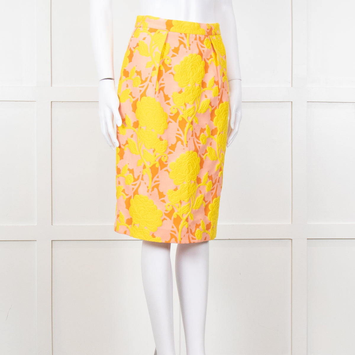 Miu Miu Peach Yellow Floral Brocade Pencil Skirt