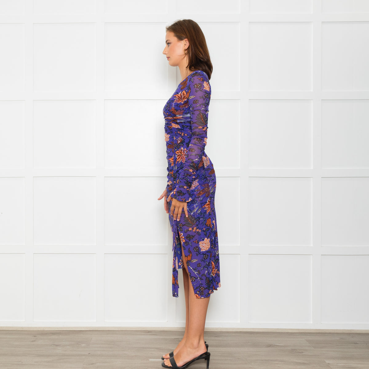 Diane Von Furstenberg  Purple Brown Floral Net Long Sleeve Dresses