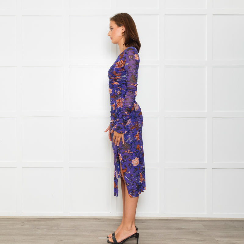 Diane Von Furstenberg  Purple Brown Floral Net Long Sleeve Dresses