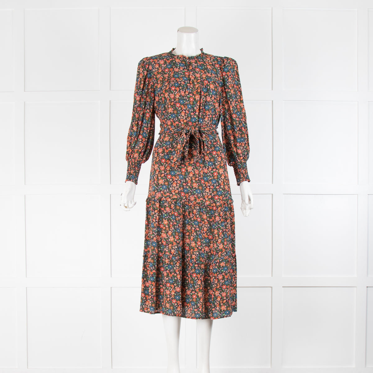 Wyse Black Orange Blue Floral Tiered Belted Midi Dress