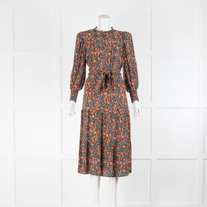 Wyse Black Orange Blue Floral Tiered Belted Midi Dress