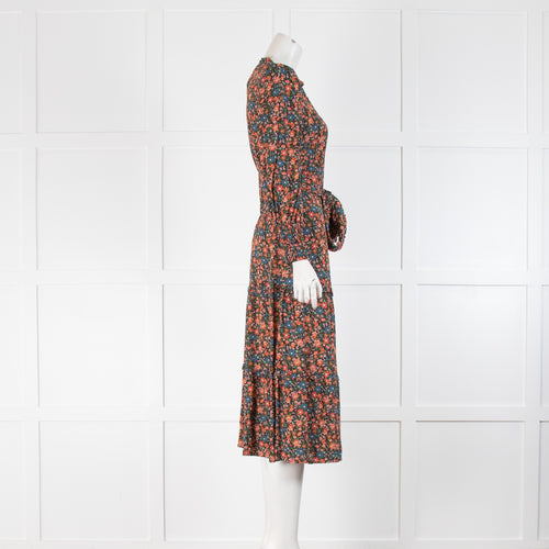 Wyse Black Orange Blue Floral Tiered Belted Midi Dress