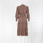 Wyse Black Orange Blue Floral Tiered Belted Midi Dress