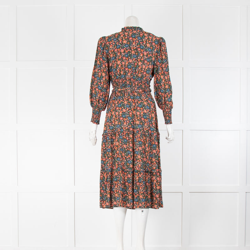 Wyse Black Orange Blue Floral Tiered Belted Midi Dress