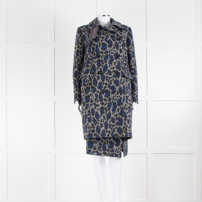 Sacai Luck Grey and Blue Leopard Button Up Coat