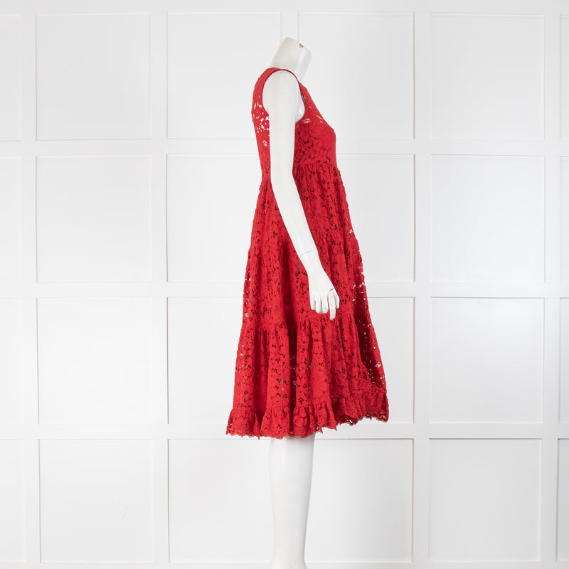 Carolina Herrera Red Lace Tiered Sleeveless Dress With Slip