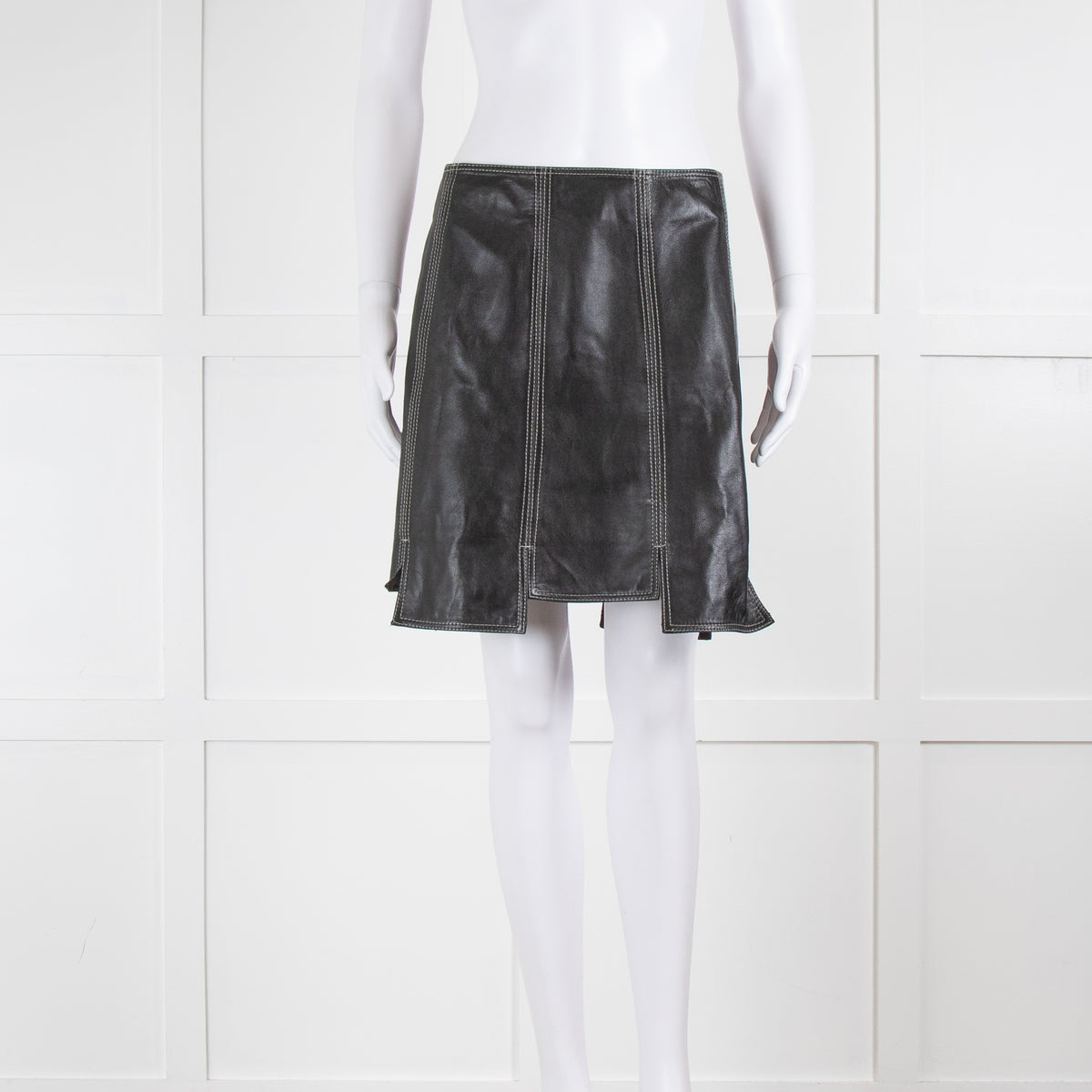 Ganni Black Leather White Stitch Panel  Detail Mini Skirt