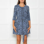 Maje Blue Black Animal Print Short Sleeve Mini Belted Dress