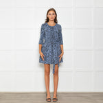 Maje Blue Black Animal Print Short Sleeve Mini Belted Dress