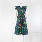 Cefinn Black Green Blue Floral Short Sleeve Belted Dress