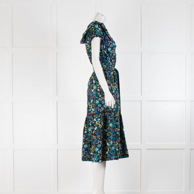 Cefinn Black Green Blue Floral Short Sleeve Belted Dress